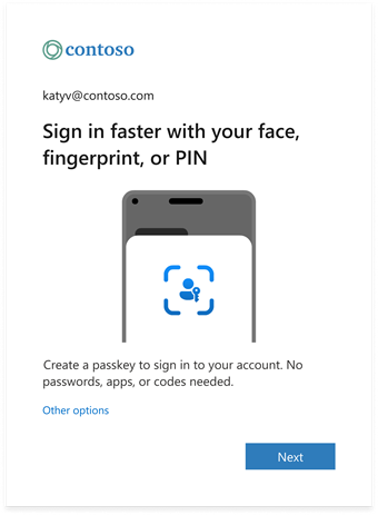 Microsoft's passkey registration prompt during sign-in. Staff can usually choose Next, or Skip for now for a while.