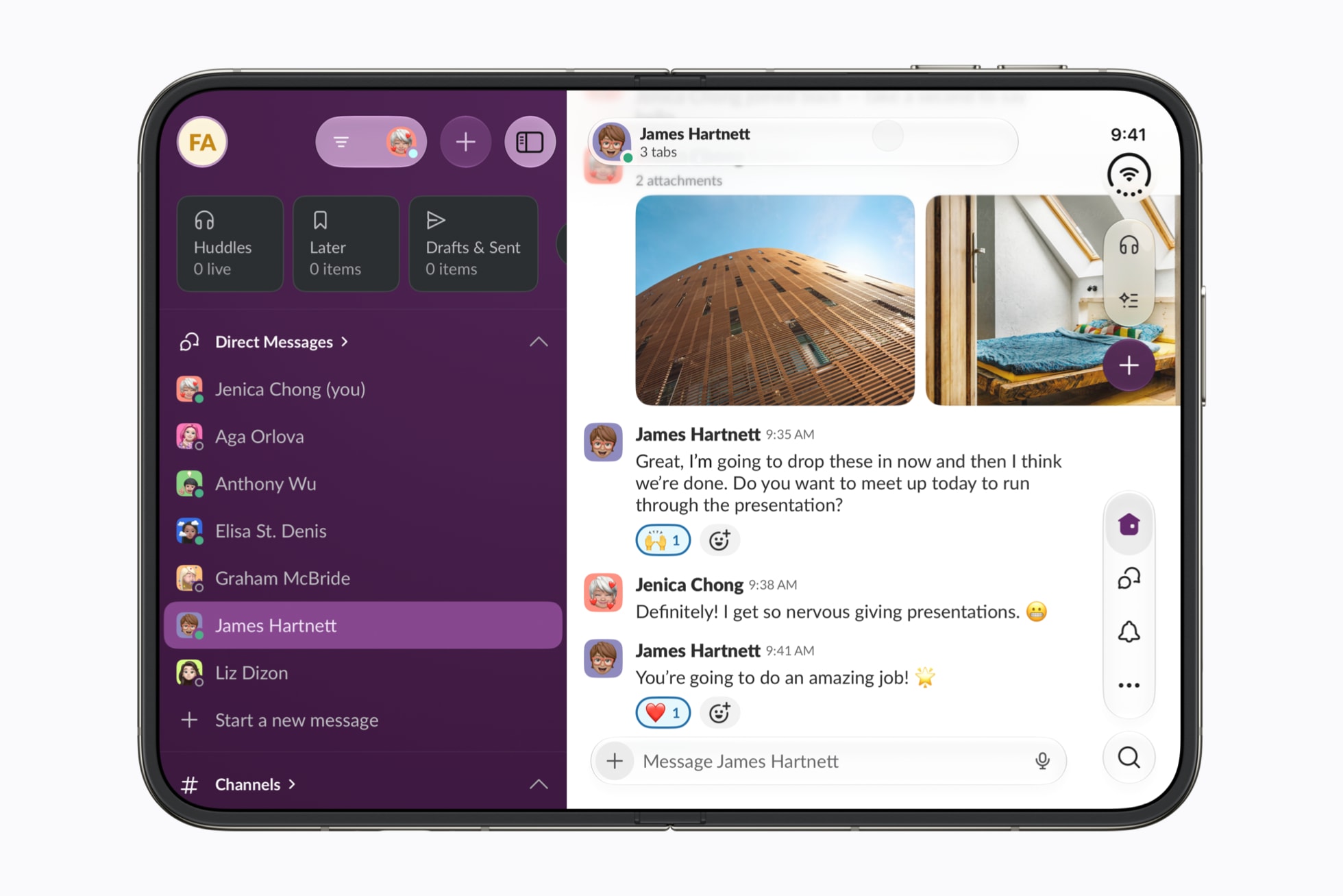 Slack on the iPhone Duo's inner display. Image: Apple Newsroom.