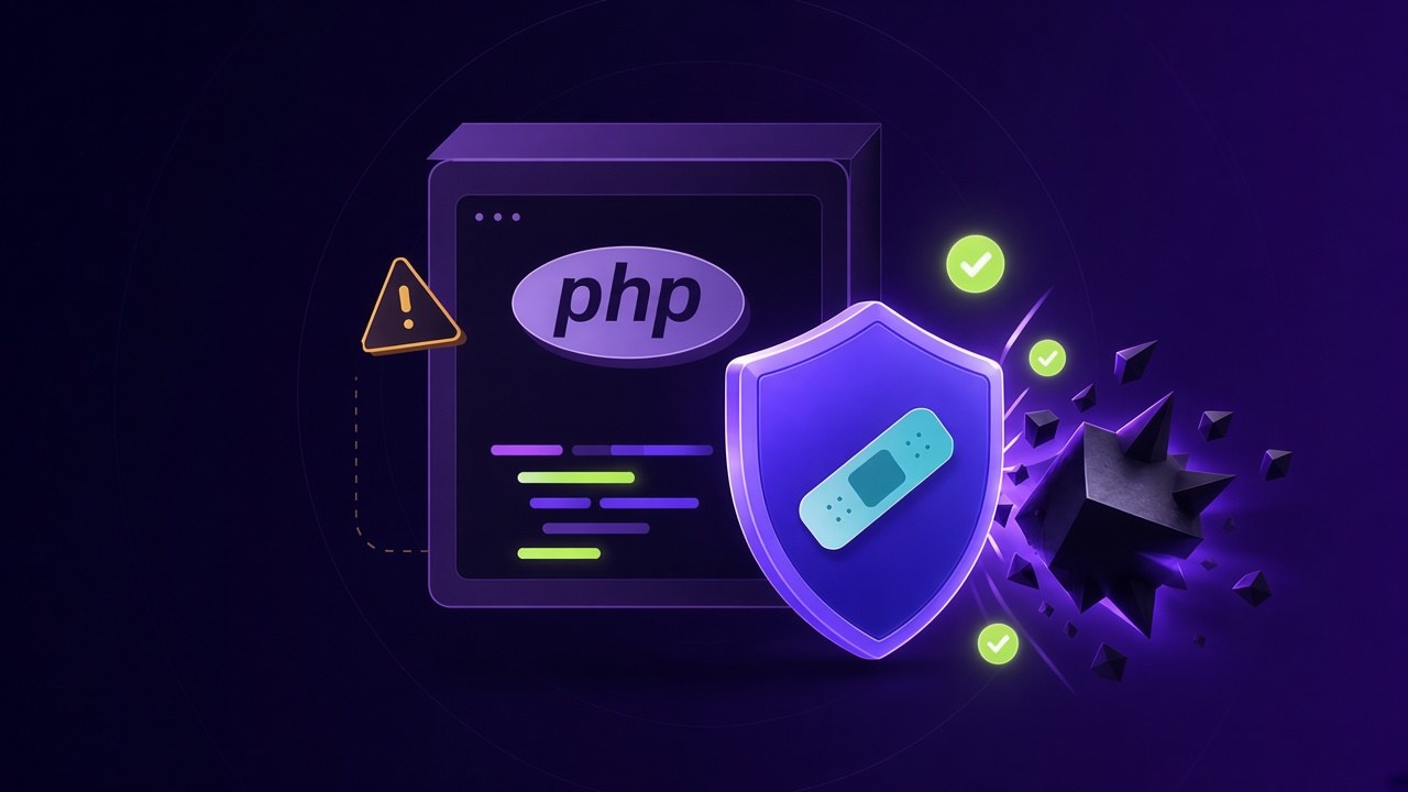 Illustration of a PHP code window protected by a shield with a security patch, with a warning sign and a threat breaking apart